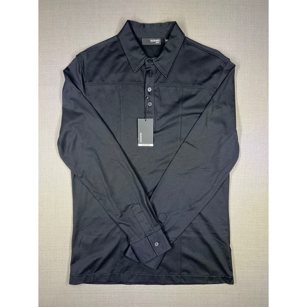 Murano Liquid Cotton Fitted Long Sleeve Polo Shirt Black Mens Medium